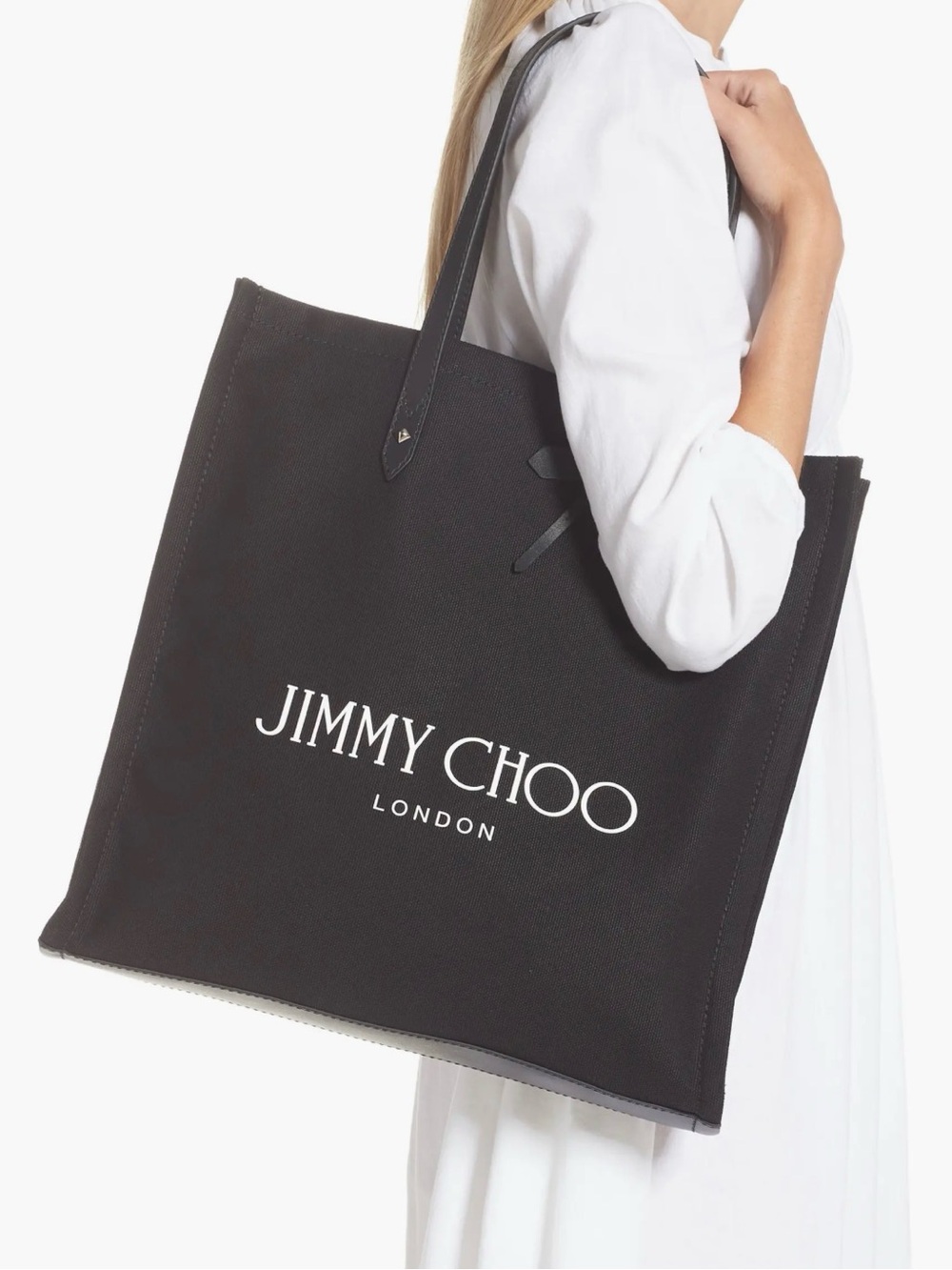 Jimmy Choo Black Canvas Logo Tote with Leather Straps